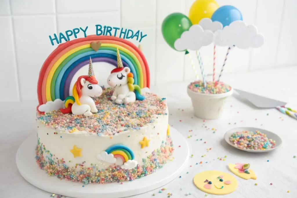 A colorful unicorn-themed birthday cake topped with two fondant unicorns, a rainbow topper with "Happy Birthday" text, and sprinkles, celebrating the magical charm of unicorn cakes.