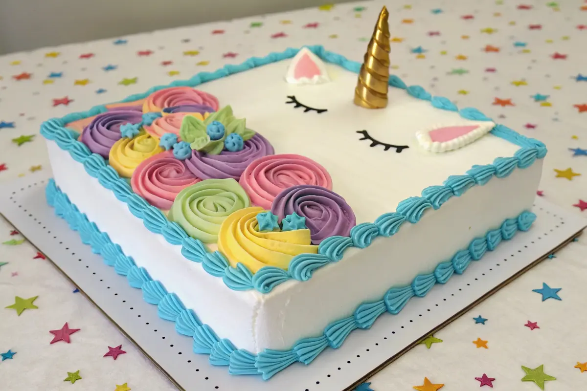 A rectangular unicorn-themed cake decorated with colorful frosting rosettes, a gold unicorn horn, and pastel embellishments on a festive star-patterned table.