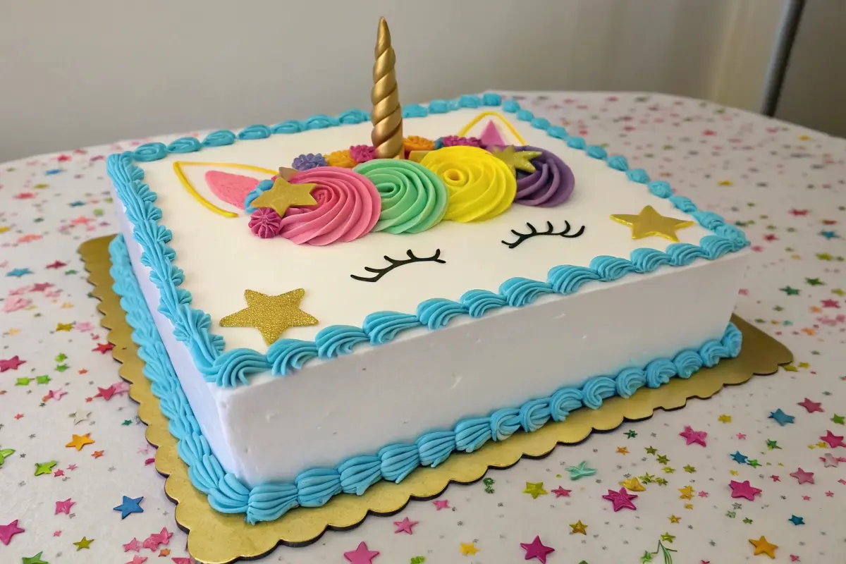 A rectangular unicorn cake featuring colorful rosette decorations, a golden horn, and whimsical accents, designed for festive celebrations.