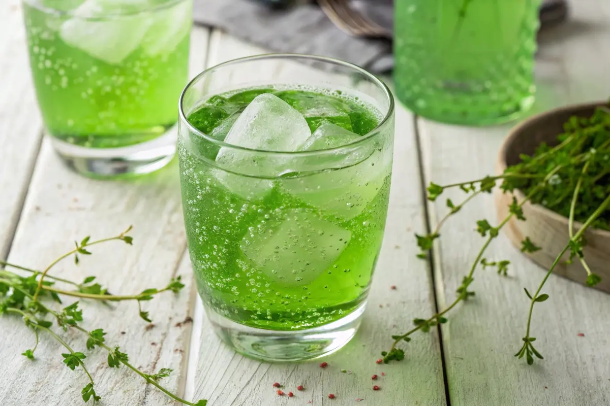 A refreshing glass of sparkling green creme de menthe served over ice, surrounded by fresh herbs and a light wooden background.