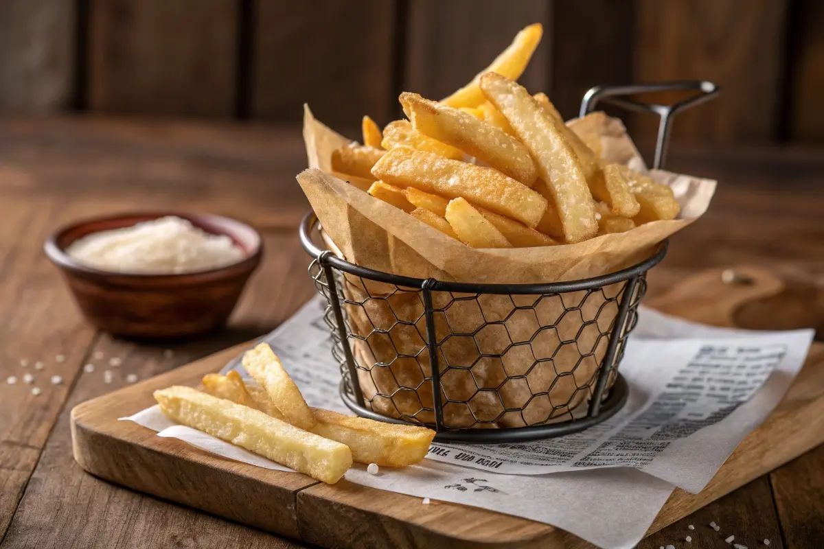 A rustic basket of papas fritas served with brown parchment paper on a wooden board, highlighting a traditional Cuban-style presentation.