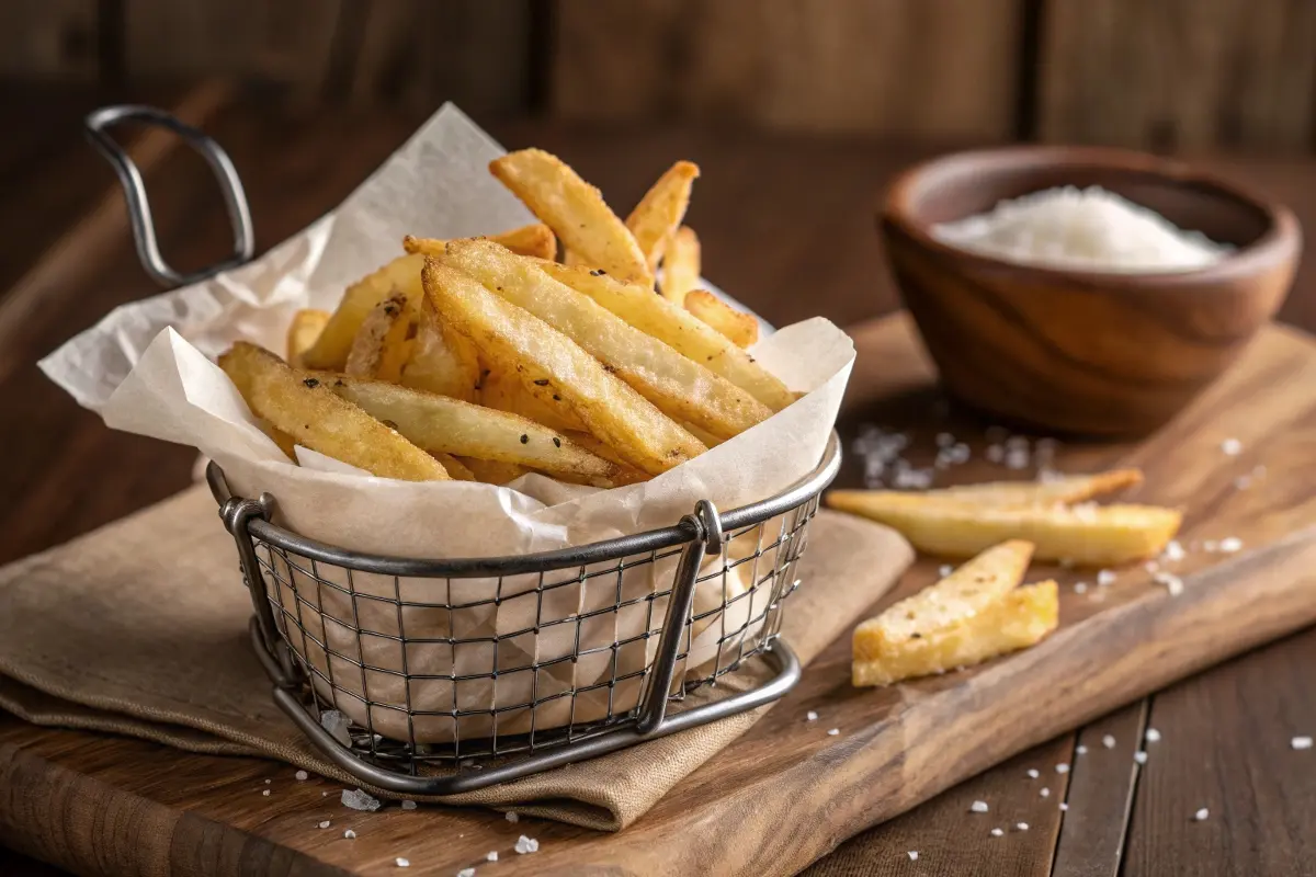 A rustic wire basket filled with golden, crispy papas fritas, placed on a wooden board with a background of coarse salt and condiments, representing the classic French fry preparation.