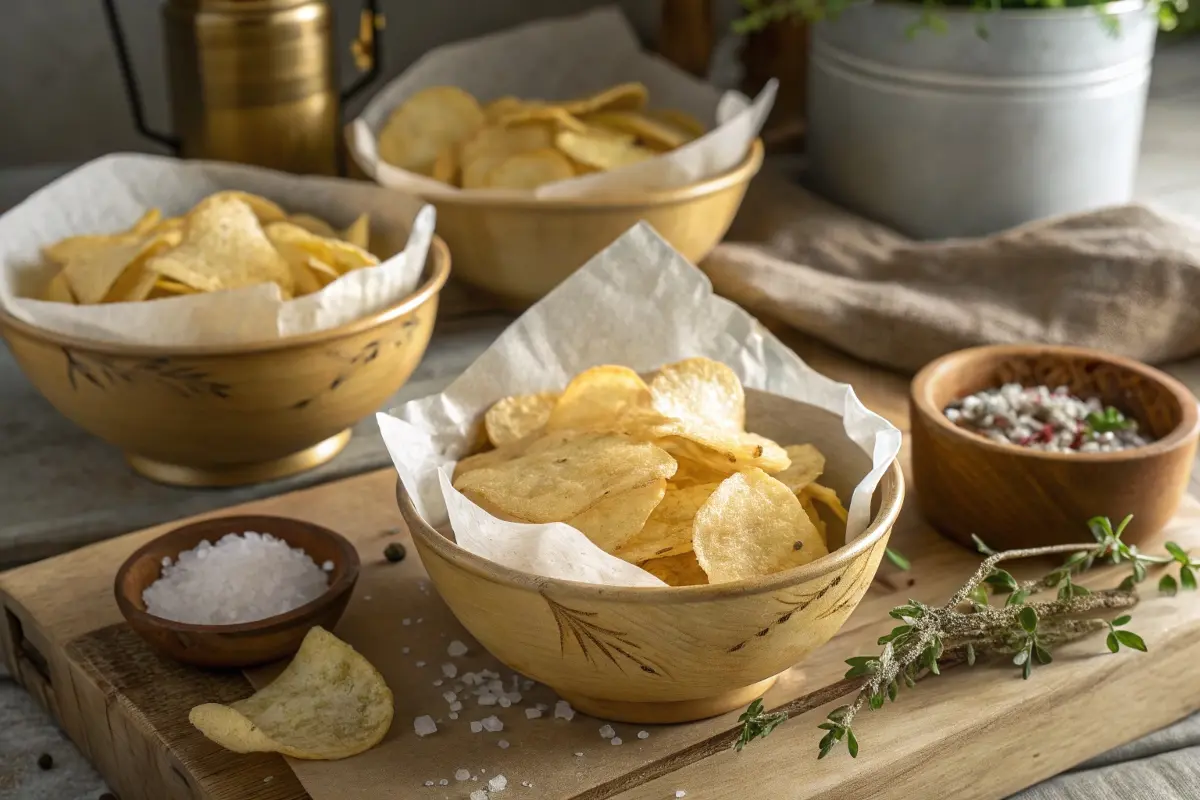 Rustic wooden bowls filled with golden potato chips, accompanied by salt and seasonings, creating a cozy snack setting.