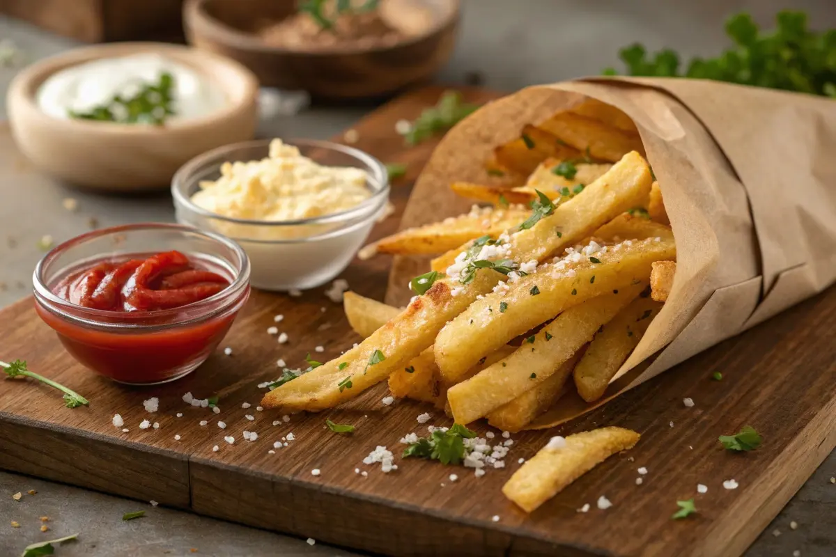 A rustic serving of papas fritas seasoned with herbs and salt, accompanied by ketchup and creamy dips, presented on a wooden board.