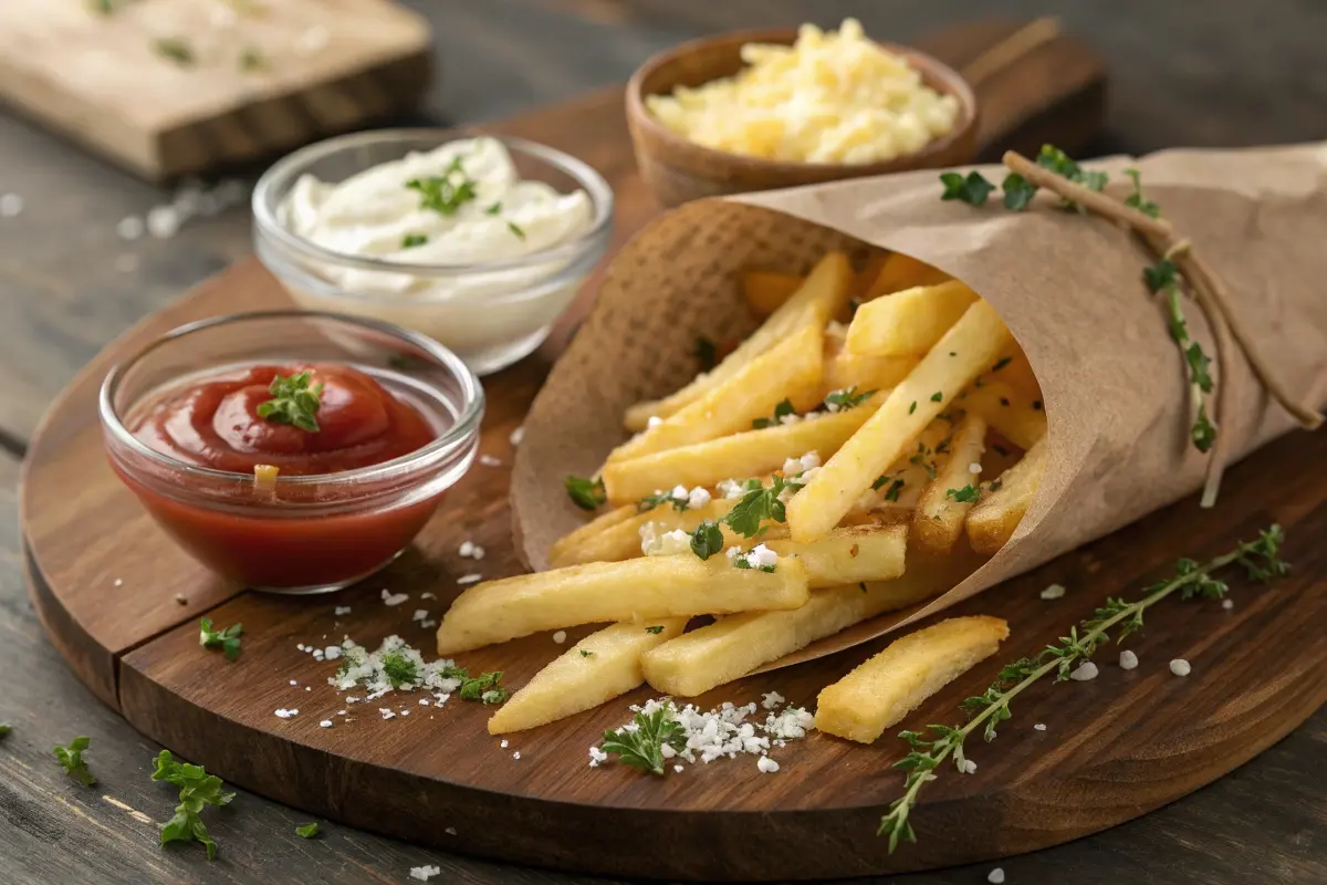 A rustic serving of papas fritas garnished with herbs and cheese, accompanied by bowls of ketchup, mayonnaise, and grated cheese, illustrating their classic preparation and versatility.