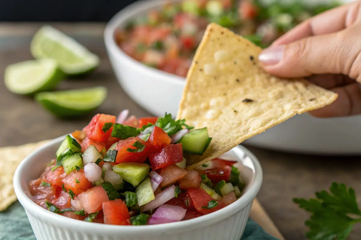 A rustic presentation of pickle de gallo in a black bowl filled with colorful diced vegetables, served with tortilla chips and lime on a wooden table.