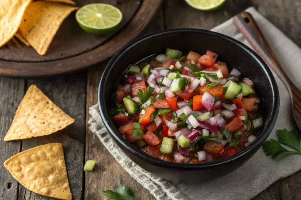 A rustic black bowl filled with vibrant pickle de gallo, surrounded by tortilla chips, lime wedges, and fresh parsley, set on a wooden table.