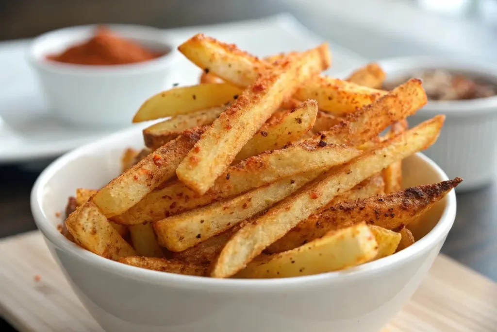 A bowl of crispy, golden papas fritas seasoned with spices, served alongside dipping sauces, perfect for highlighting this classic dish.