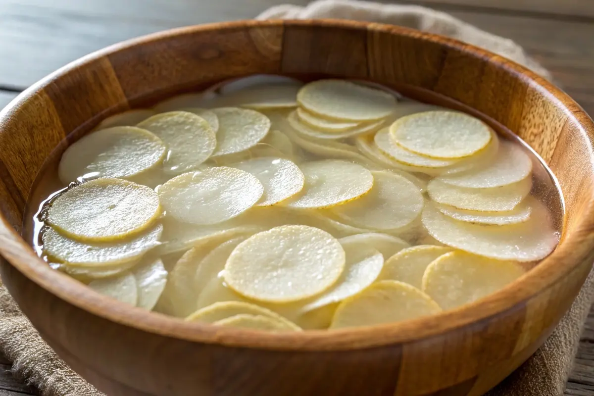 A wooden bowl filled with thinly sliced potato rounds soaking in water, preparing them for making spicy chips.