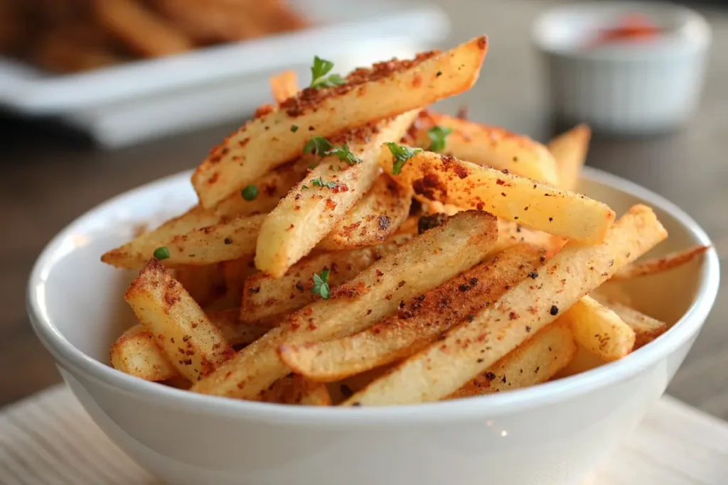 A close-up of crispy papas fritas seasoned with spices and garnished with fresh herbs, served in a white bowl, illustrating a savory twist to the classic fries.