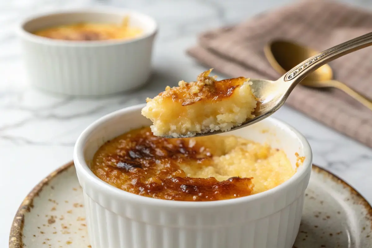 A close-up of a spoon lifting a creamy spoonful of crème brûlée with a caramelized sugar topping.