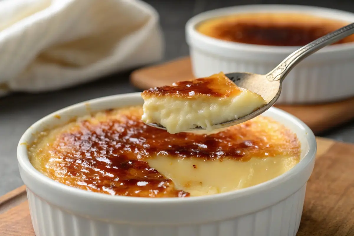 A close-up view of a spoon lifting a creamy spoonful of creme brulee with a perfectly caramelized sugar crust, showcasing the dessert's luxurious texture and appeal.