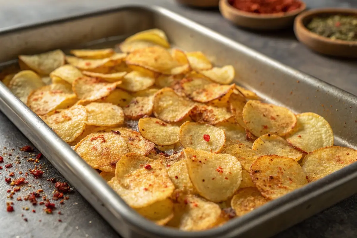 A metal baking tray filled with freshly baked potato chips sprinkled with spices, showcasing the preparation of spicy chips.