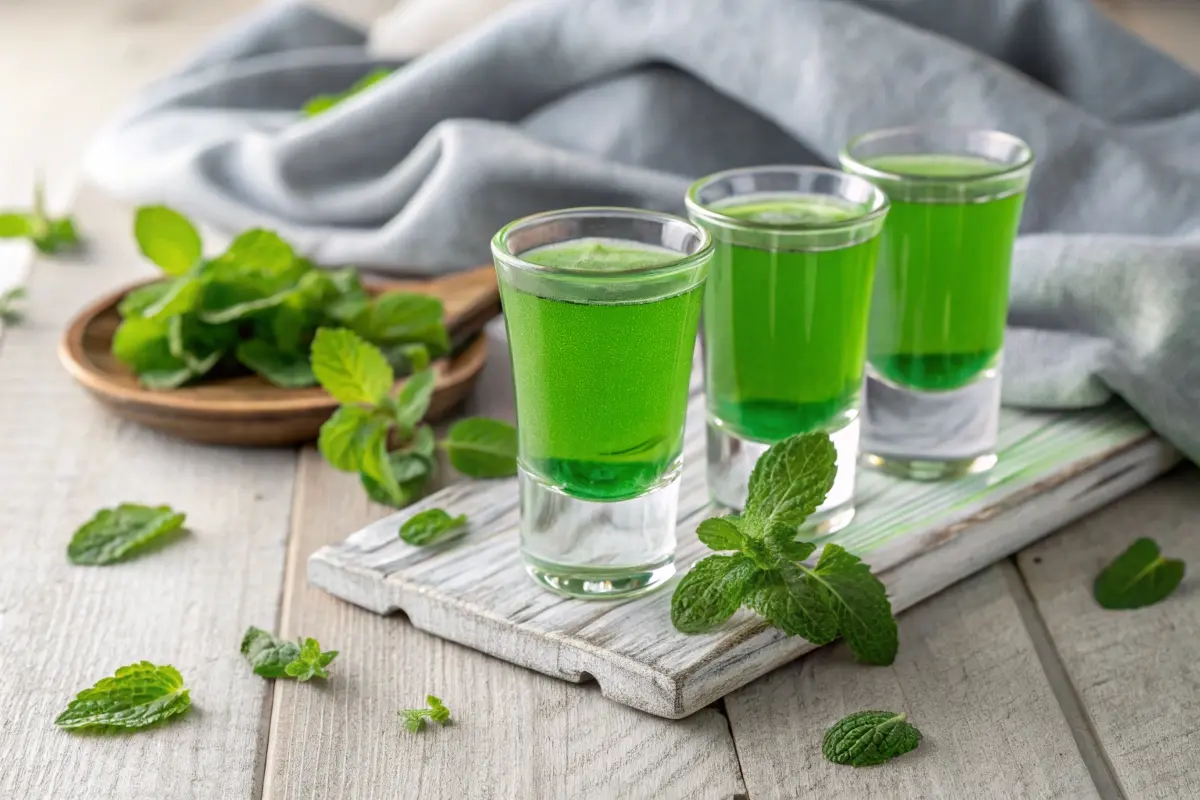 Three shot glasses filled with vibrant green Crème de Menthe, garnished with fresh mint leaves, placed on a rustic wooden board for a fresh and minty aesthetic.