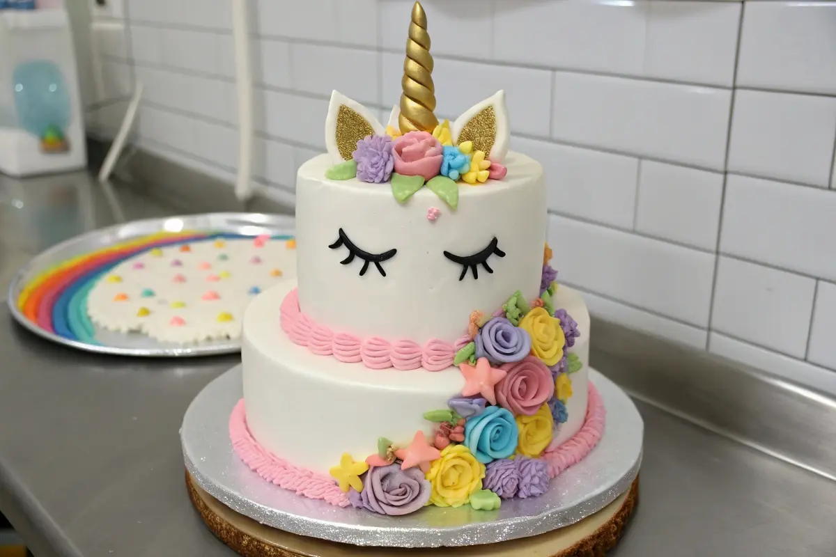 A two-tier unicorn-themed cake adorned with a golden horn, pastel frosting flowers, and intricate decorations, set on a silver base in a professional kitchen.