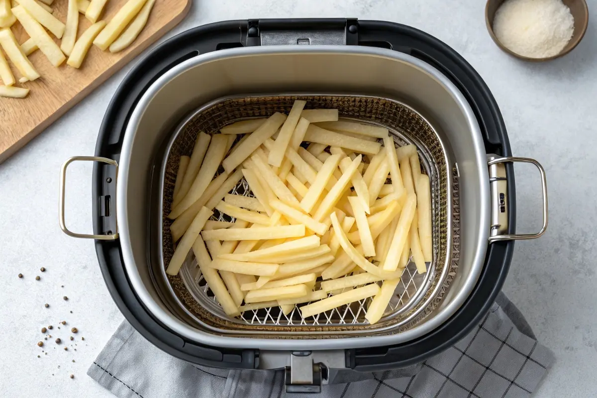 Top-down view of uncooked papas fritas placed in an air fryer basket, ready for cooking.