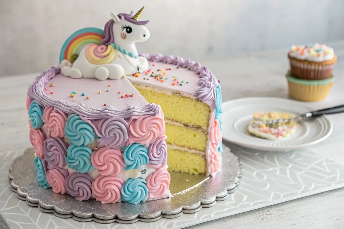 A unicorn-themed cake with colorful frosting and a fondant unicorn topper, featuring a slice cut out to reveal the layered interior, highlighting the magic of unicorn cakes.