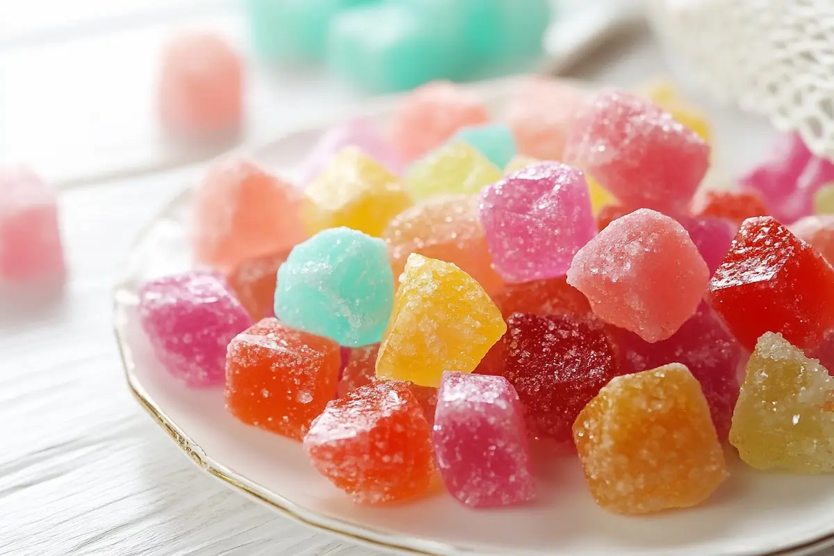 A close-up of colorful crystal candy cubes in vibrant pastel hues, arranged on a decorative plate, showcasing the beauty of this sweet treat.