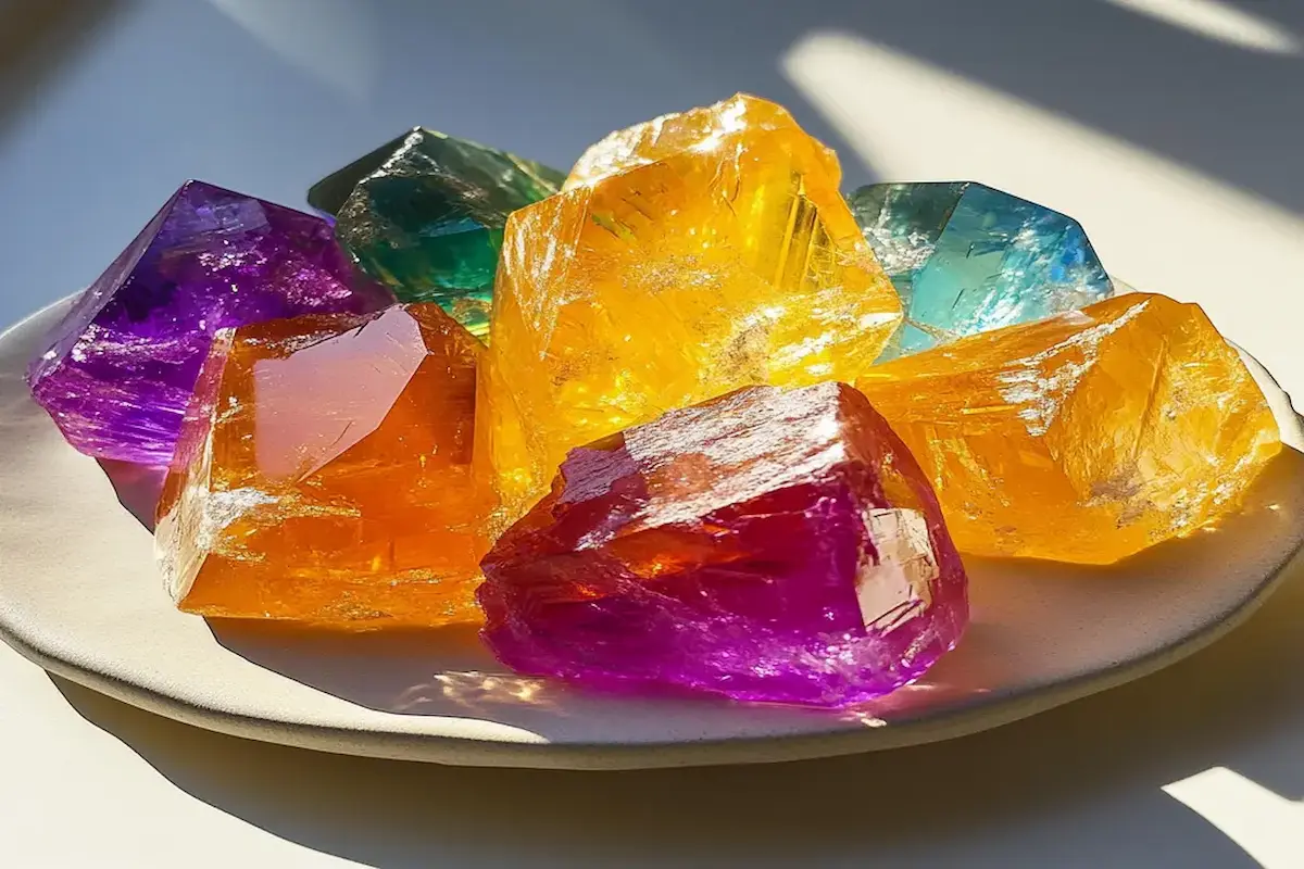 A plate of vibrant crystal candy in bold shades of purple, yellow, and blue, glistening in natural sunlight, emphasizing their gem-like appearance.