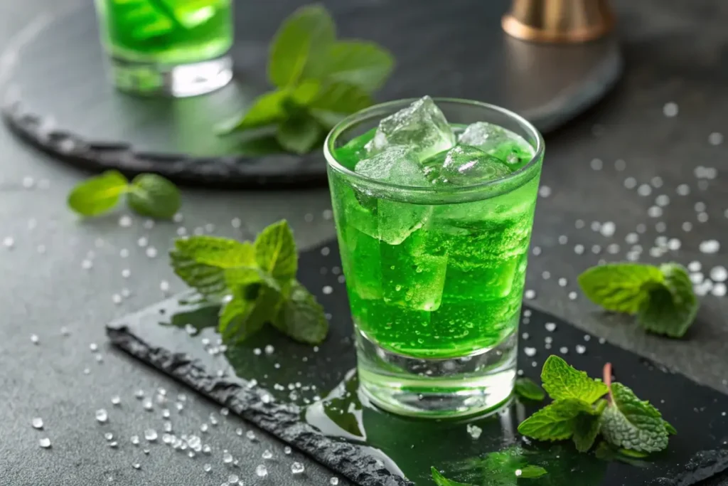 A vibrant green Crème de Menthe drink in a glass with ice cubes, garnished with fresh mint leaves, perfect for cocktails or sipping straight.