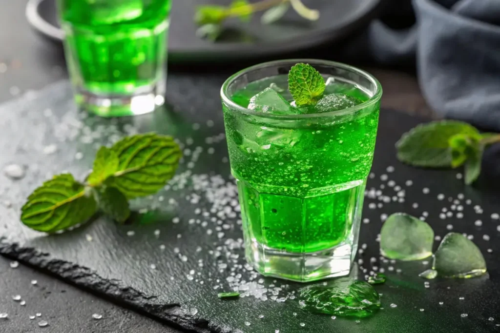 A collection of tall glasses filled with a vibrant green creme de menthe drink, garnished with lemon slices and mint leaves, on a rustic green table.