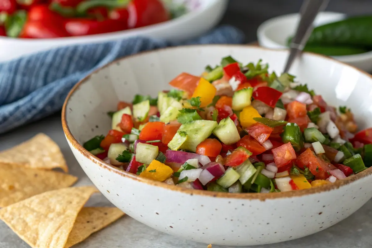 A close-up of a colorful bowl of pickle de gallo made with diced cucumbers, tomatoes, onions, and peppers, garnished with fresh cilantro, served with tortilla chips.