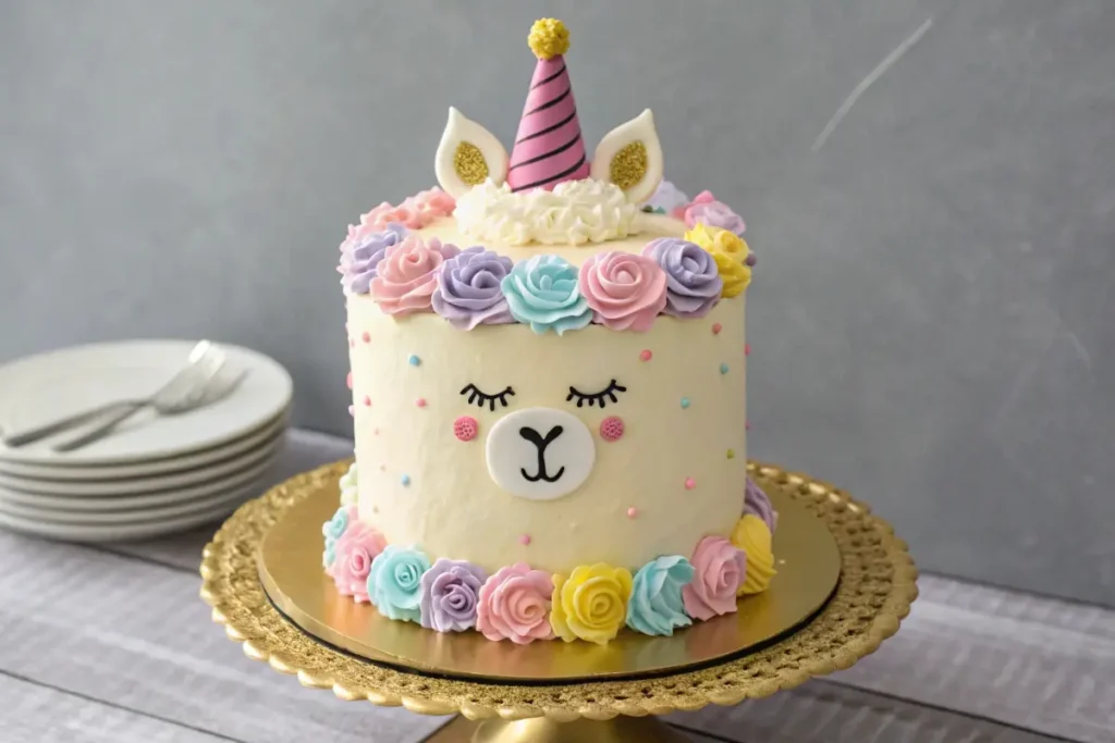 A whimsical llama-themed cake with pastel floral decorations and a party hat, displayed on a golden cake stand, celebrating the creative artistry of unicorn cakes.