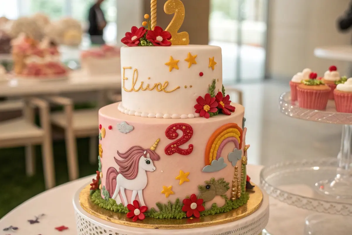 A two-tier unicorn cake decorated with rainbows, stars, and flowers, designed for a child's second birthday celebration.