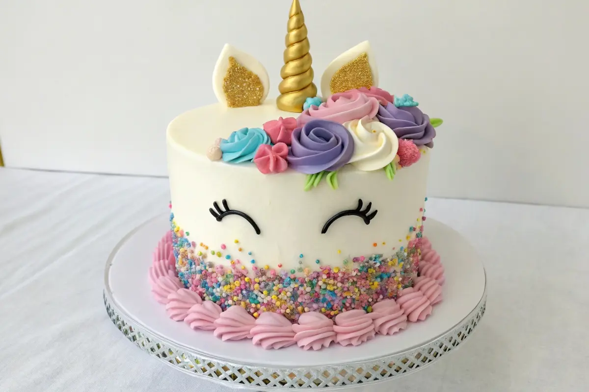 A beautifully decorated unicorn cake featuring a golden horn, pastel flowers, and colorful sprinkles, illustrating the whimsical charm of unicorn cakes.