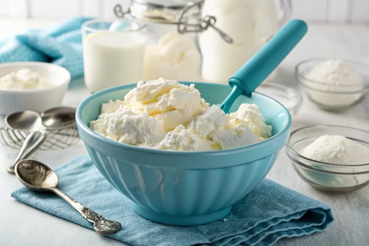 A large blue bowl filled with fluffy whipped cream for snow cones, surrounded by milk and powdered ingredients, perfect for adding a sweet touch to a cookout menu.