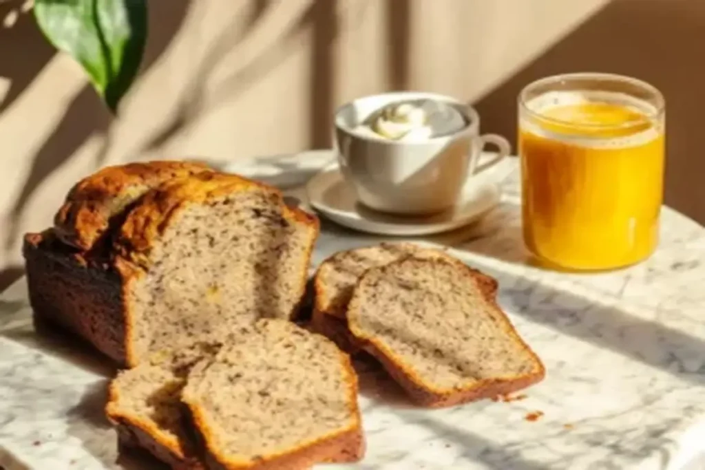 Freshly sliced butter-free banana bread served with a cup of coffee and orange juice, perfect for a healthy and delicious breakfast.