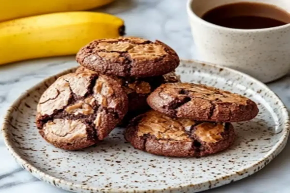 A plate of easy banana brownie cookies served with coffee and fresh bananas in the background, emphasizing a perfect snack or dessert.