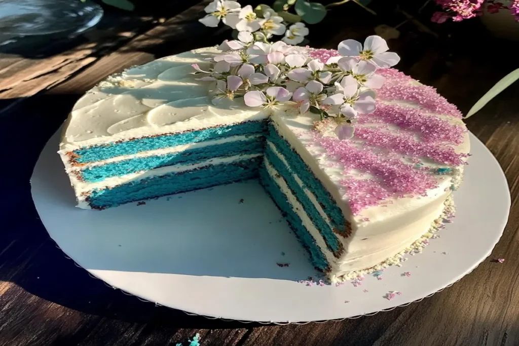 A gender reveal cake with vibrant blue layers, white frosting, and pink sugar sprinkles, topped with fresh flowers, showcasing a stunning reveal design.