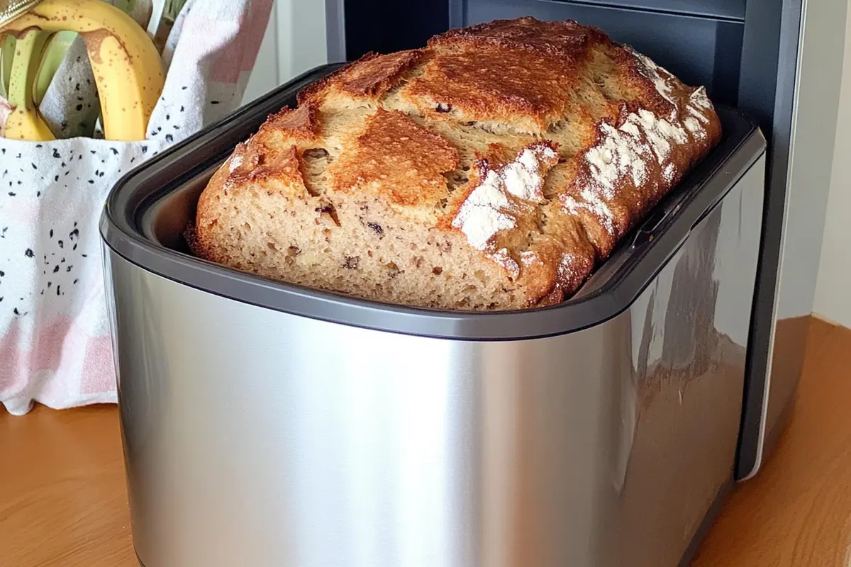 Freshly baked Chobani banana bread with a golden crust still in the bread machine, showcasing its fluffy texture and homemade appeal.