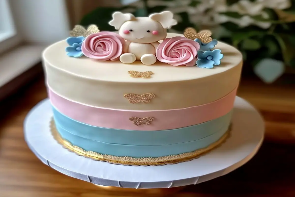 A gender reveal cake with pastel pink, blue, and cream layers, topped with a fondant bear, flowers, and golden butterfly accents.