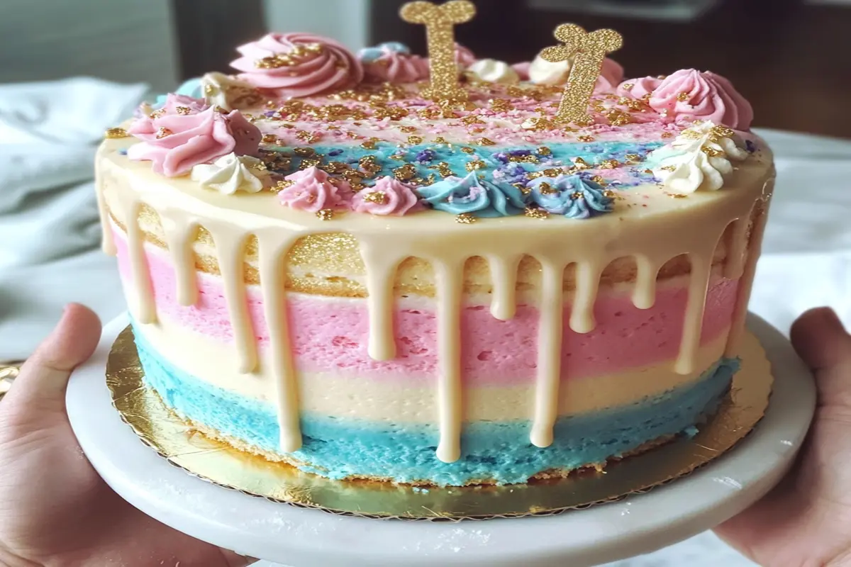 A gender reveal cake with pink, cream, and blue layers, white chocolate drip, and decorative frosting, showcasing how to do a cake gender reveal.