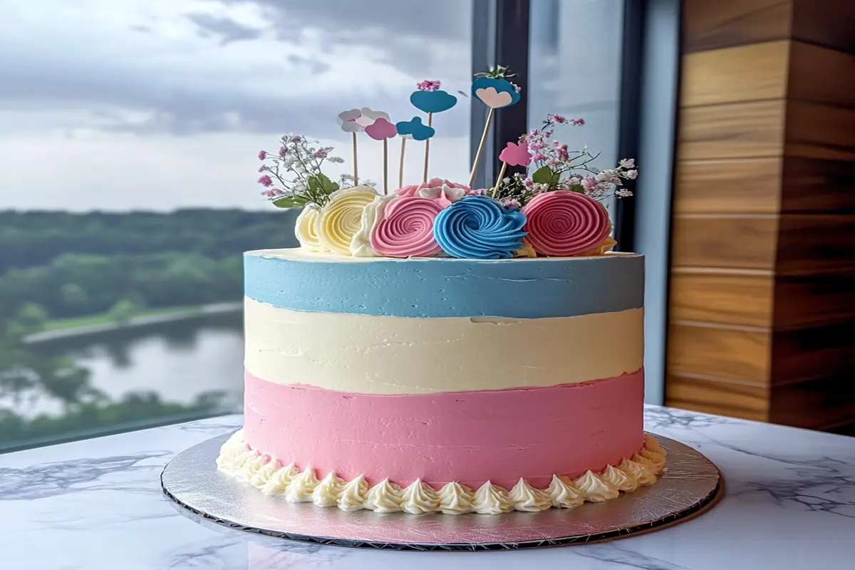 An elegant gender reveal cake with pastel blue, cream, and pink layers, decorated with floral frosting and playful toppers, set against a scenic window view.