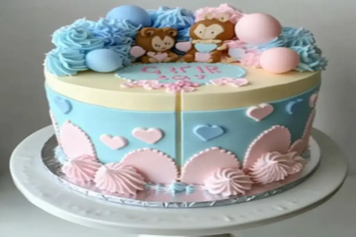 A gender reveal cake decorated with blue and pink frosting, heart designs, and playful baby-themed toppers, symbolizing a celebratory reveal.