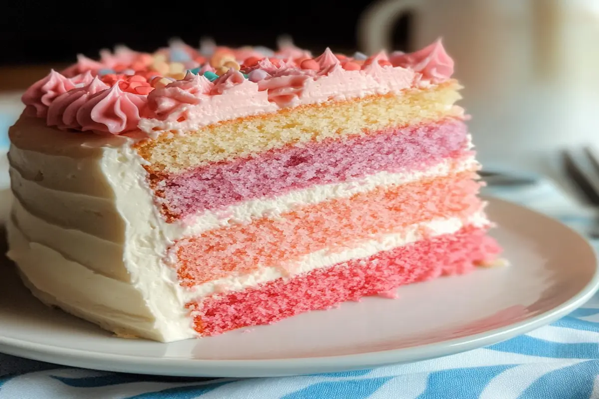 A slice of ombre pink gender reveal cake with four gradient layers, white frosting, and pink piped decorations, perfect for a celebratory reveal.