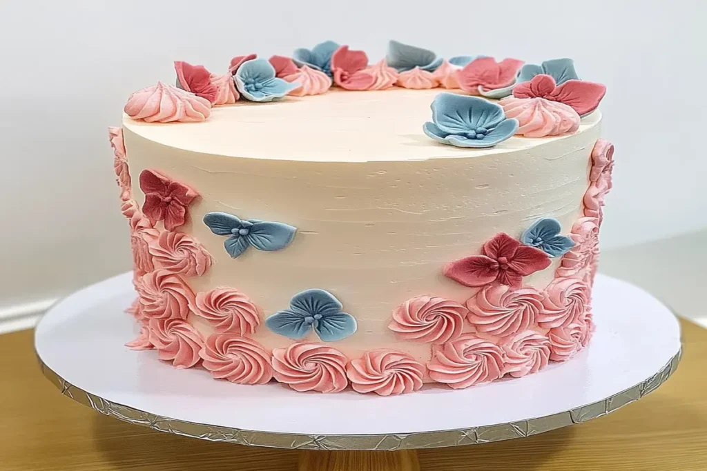 A gender reveal cake decorated with pink and blue frosting flowers, showcasing an elegant design for celebrating the reveal.