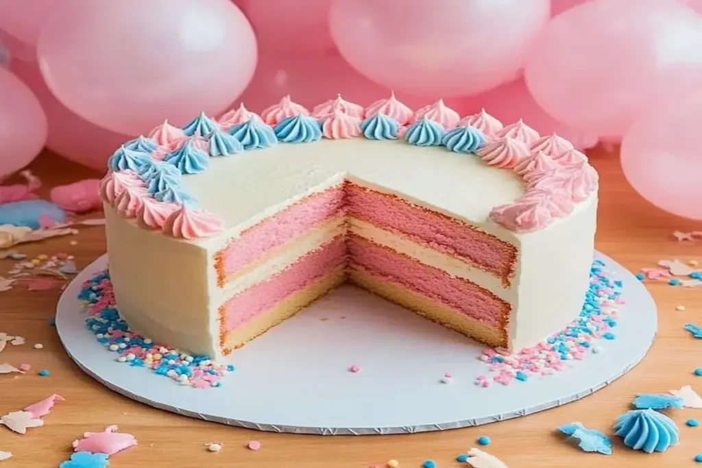 A gender reveal cake with pink and blue frosting, featuring pink and yellow layers inside, surrounded by celebratory decorations and balloons.