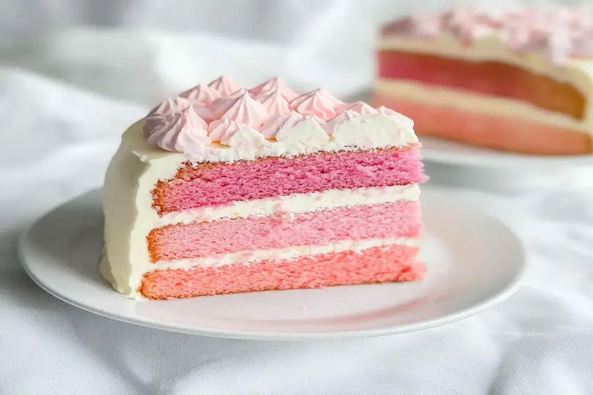 A slice of gender reveal cake with ombre pink layers, white frosting, and piped pink decorations, perfect for a celebratory reveal.