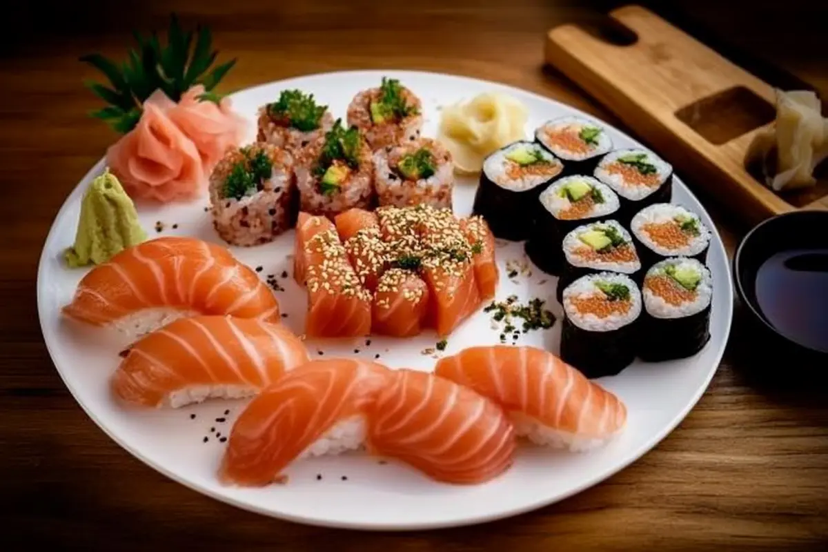 A sushi platter featuring a variety of salmon-topped sushi, including nigiri, rolls, and sashimi, served with wasabi, ginger, and soy sauce.