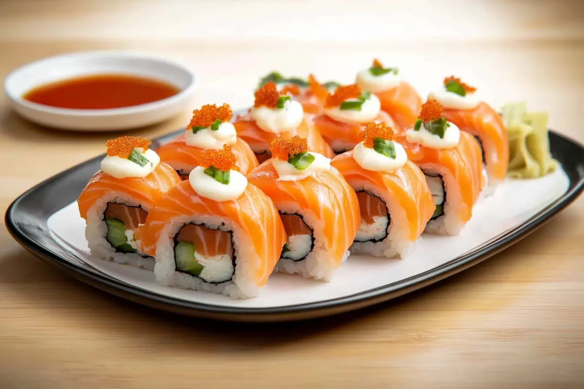 A sushi order topped with fresh salmon, garnished with cream and roe, served on a plate with wasabi and soy sauce, showcasing a vibrant and delicious presentation.