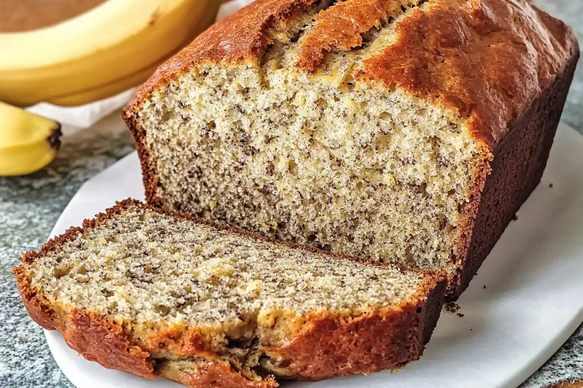 Freshly sliced Chobani banana bread on a plate, showcasing its moist texture and golden crust, perfect for a healthy homemade treat.