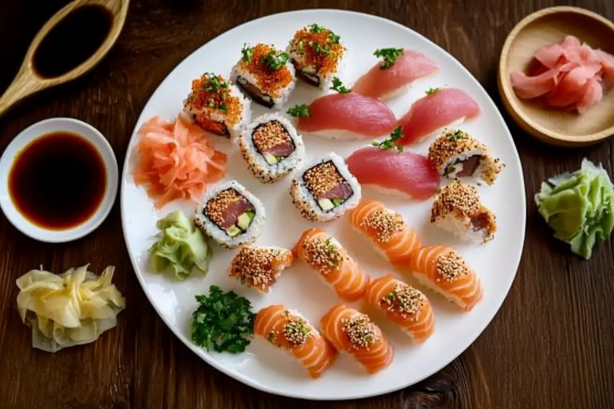 A black tray with assorted sushi rolls, including salmon-topped rolls, seaweed-wrapped rolls, and fresh tuna rolls, showcasing the variety of sushi compared to kimbap.