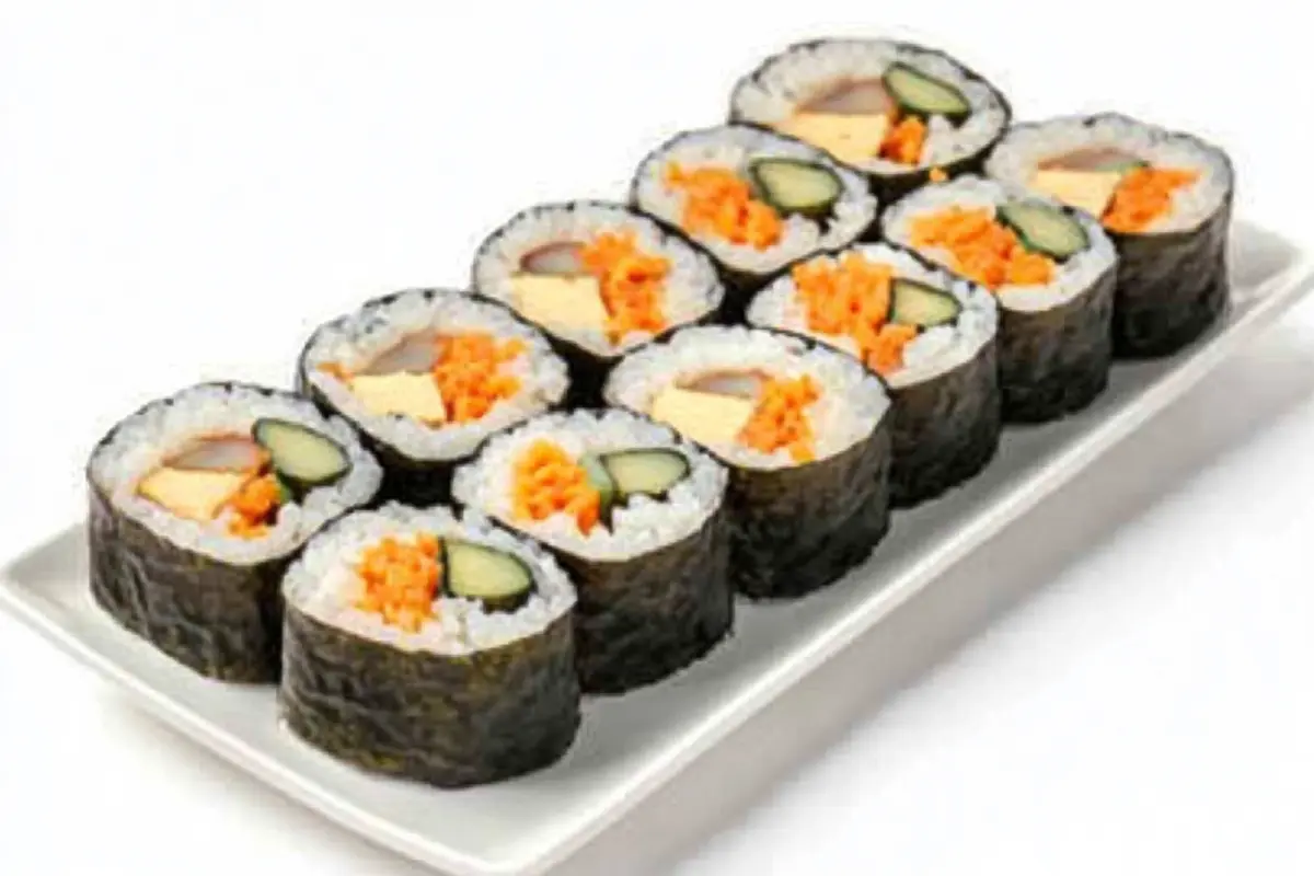 A plate of rolled sushi filled with cucumber, fish, and egg, wrapped in seaweed, highlighting the discussion on the difference between sushi and kimbap.