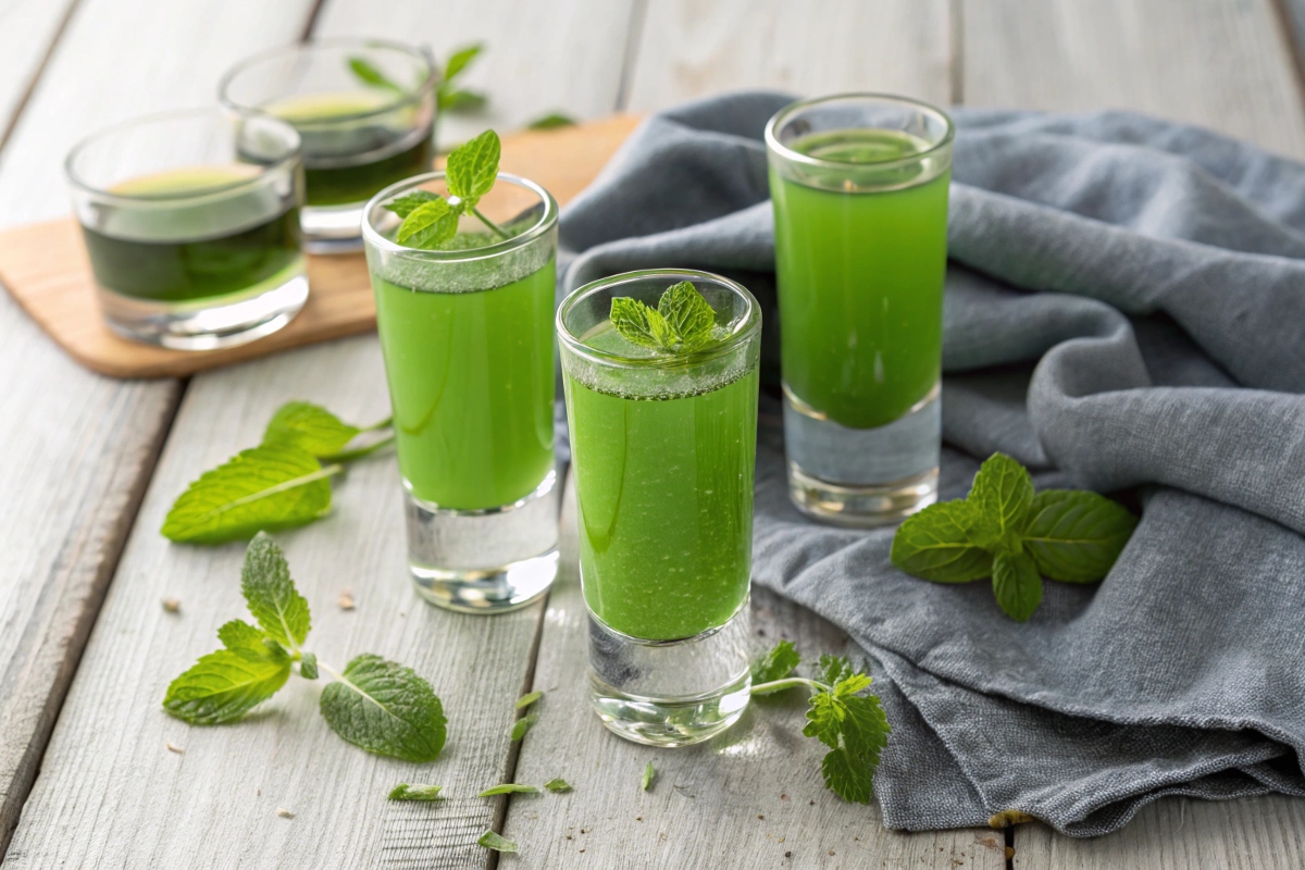 Three shot glasses filled with vibrant green Crème de Menthe, garnished with fresh mint leaves, surrounded by mint sprigs on a rustic table.