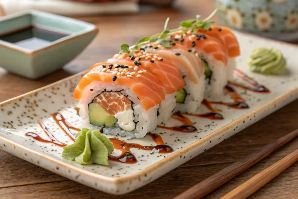 Close-up of an Alaska Roll sushi topped with fresh salmon slices, sesame seeds, and microgreens, served with wasabi and soy sauce on the side.