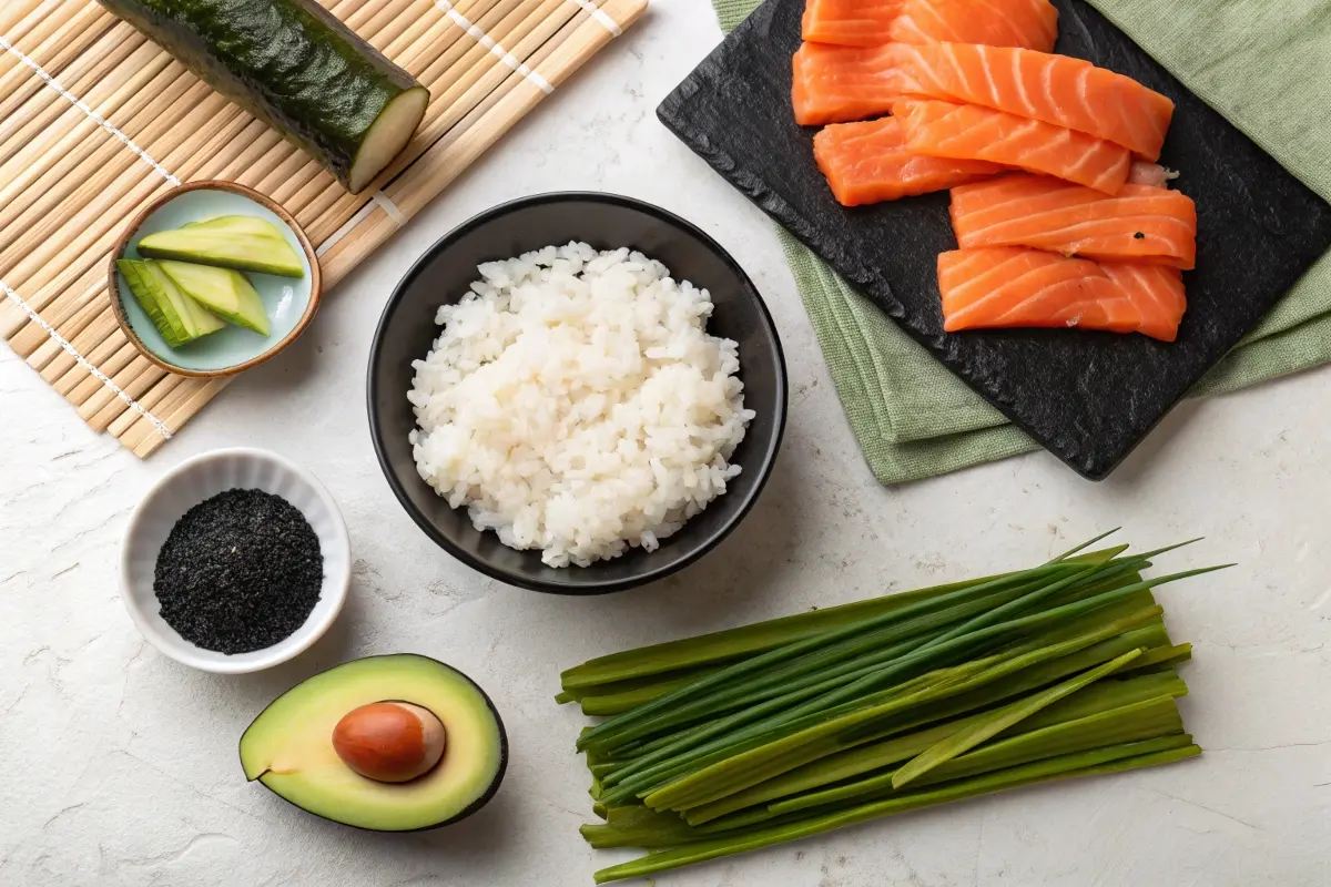 A flat lay of fresh Alaska Roll ingredients including rice, salmon, avocado, cucumber, nori, and black sesame seeds, showcasing the components used in making an Alaska Roll.